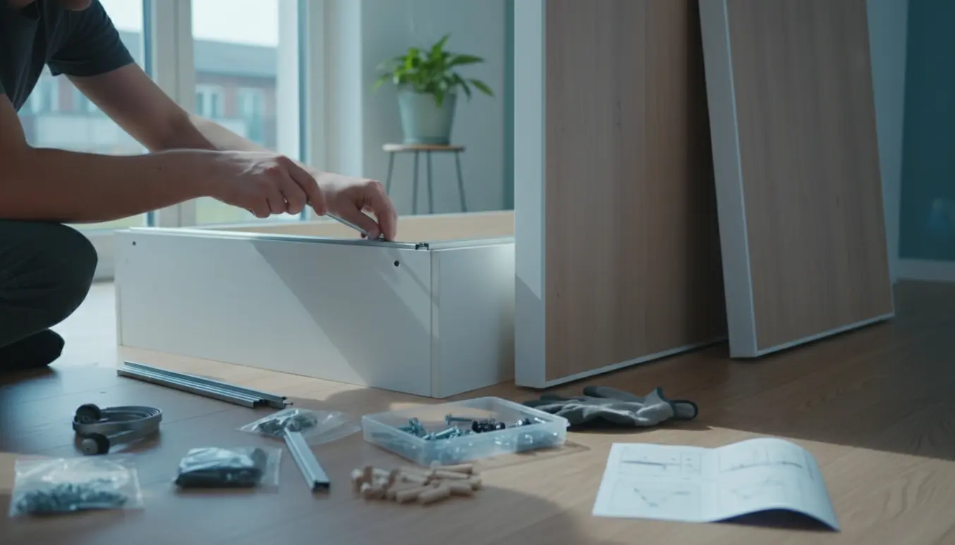 Nærbillede af hænder, der samler et skab med to skydedøre, med værktøj og dele udlagt på gulvet.