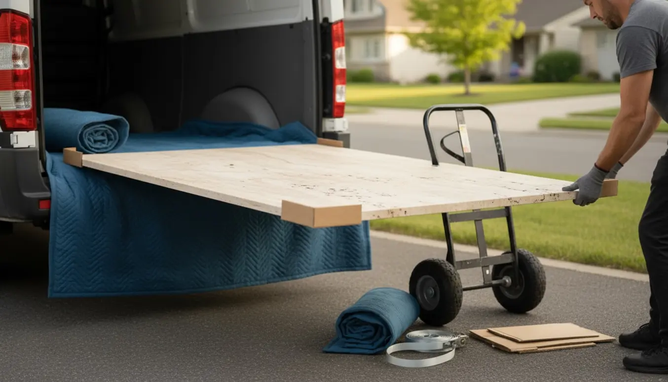 Let travertinbordplade pakkes og læsses i varevogn klar til transport.