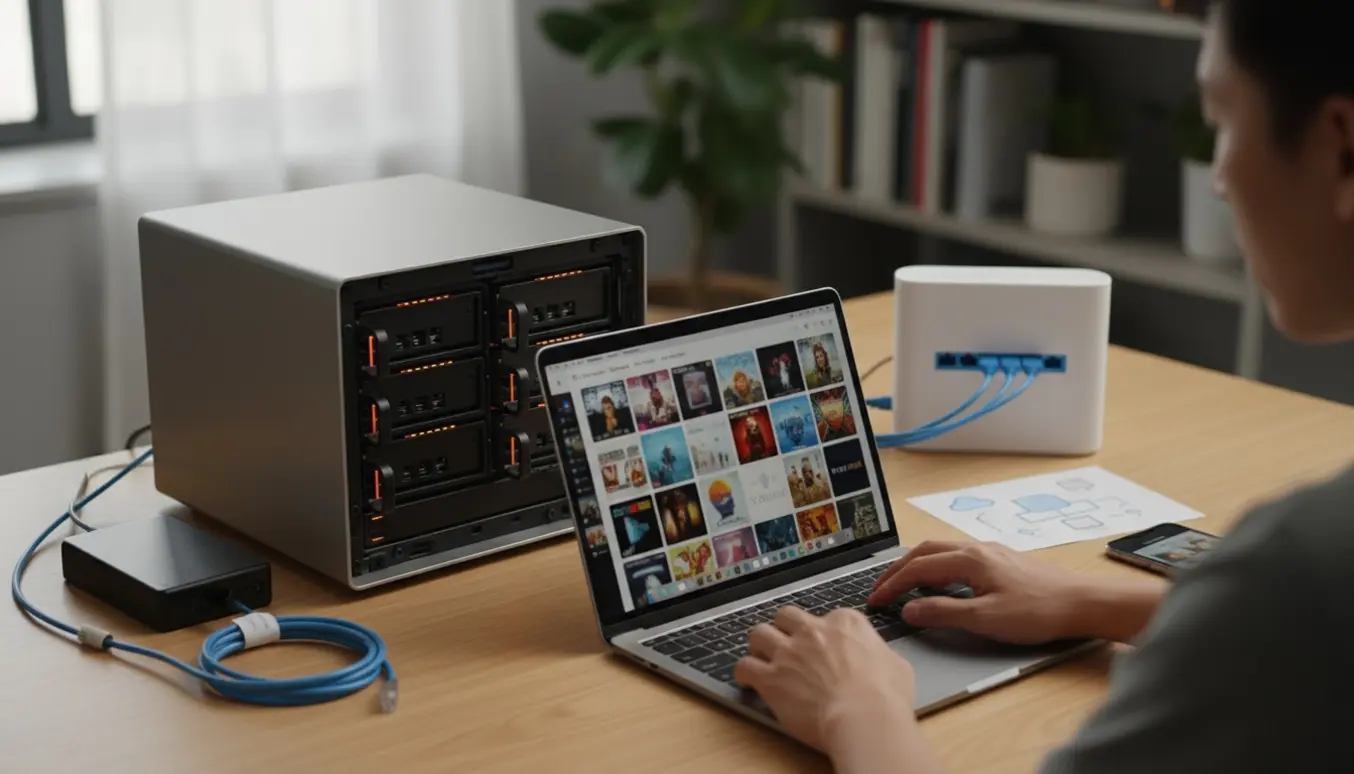 Person konfigurerer Plex-medieserver ved et skrivebord med NAS, router og laptop.