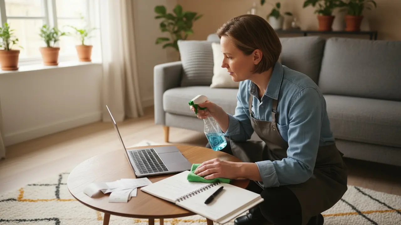 Selvstændig rengøringsassistent ved laptop med kvitteringer og rengøringsudstyr