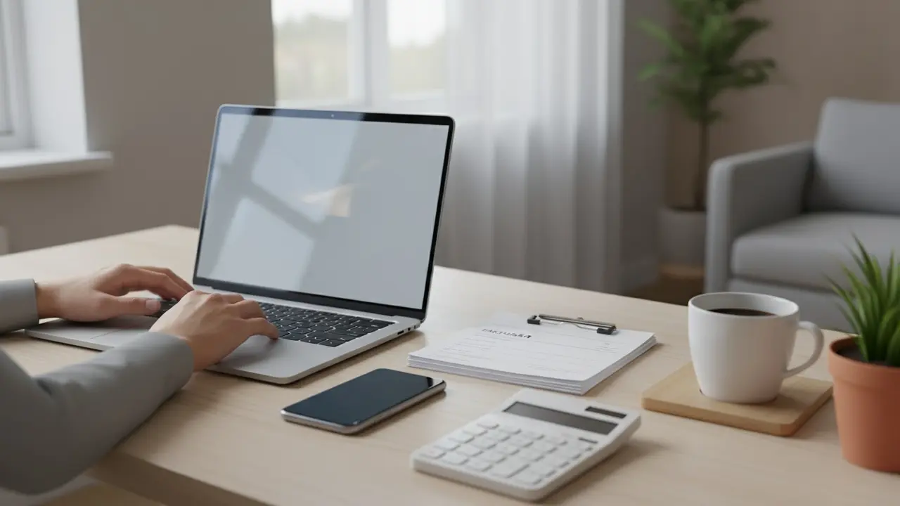 Hænder ved bærbar med papirer og lommeregner klar til skatteindberetning