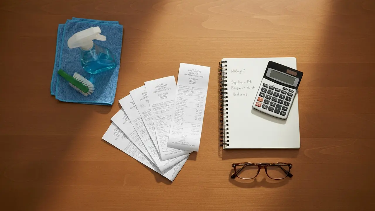 Oversigt af kvitteringer, lommeregner og rengøringsmidler på bordet