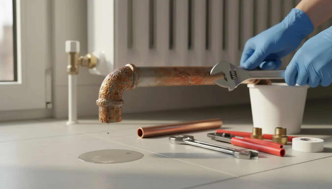 Nærbillede af rustent, dryppende radiatorrør med værktøj klar til udskiftning.