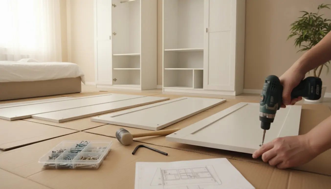 To klædeskabe under samling i et lyst soveværelse med hænder og værktøj på gulvet.