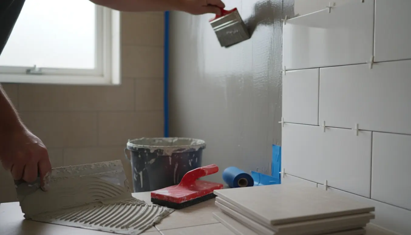 Kompakt badeværelse under renovering med vådrumsmembran i brusehjørnet og fliser klar til montering.