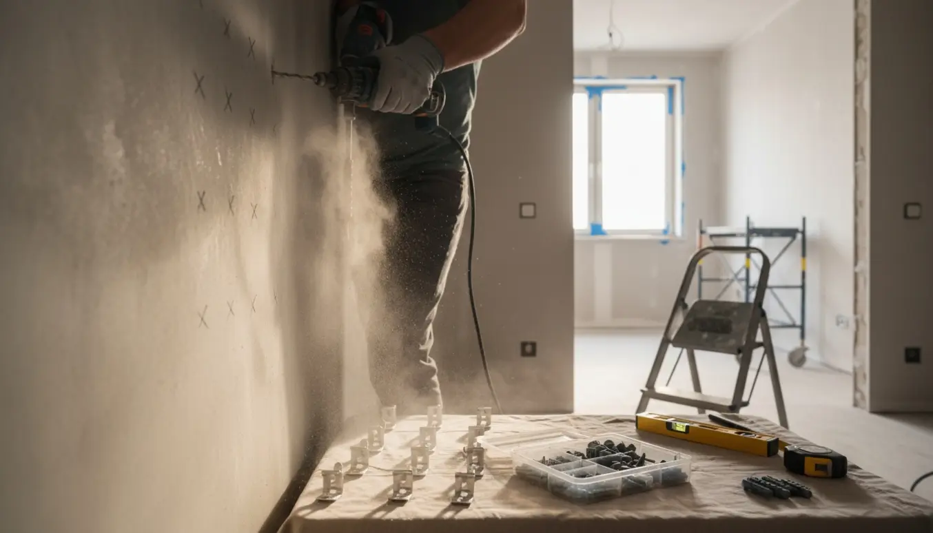 Nærbillede af en boremaskine, der borer huller i betonvæg i nybyggeri til montering af gardinstænger.