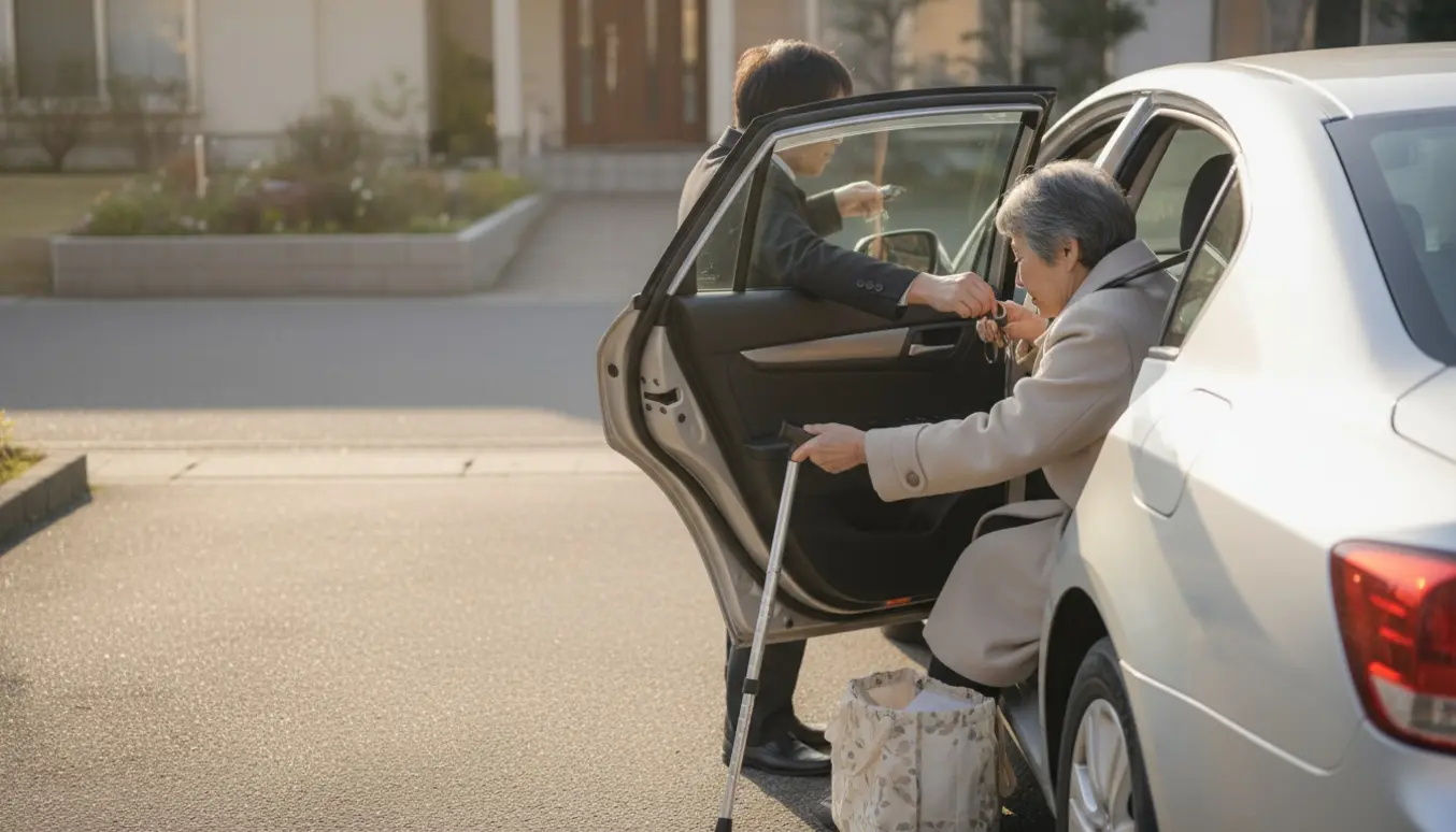 Chauffør åbner bildør mens en ældre person sætter sig ind i bilen i en stille forstad.