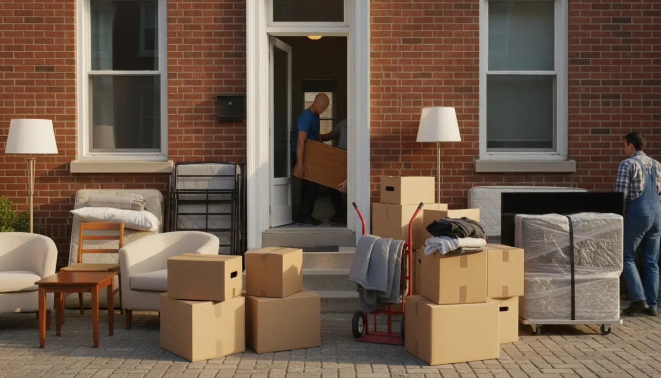 Flyttescene med møbler og omkring 12 flyttekasser foran et lille rækkehus, uden tydelige ansigter.