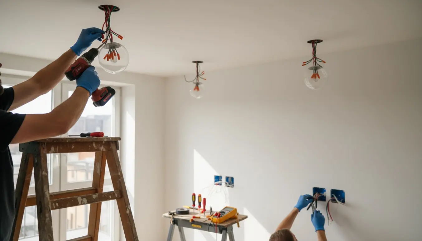 Nærbillede af hænder, der monterer loftslampe og tilslutter nye stikkontakter i et lyst rum.