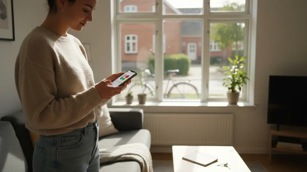 Person med smartphone søger rengøringsjob online i en dansk stue