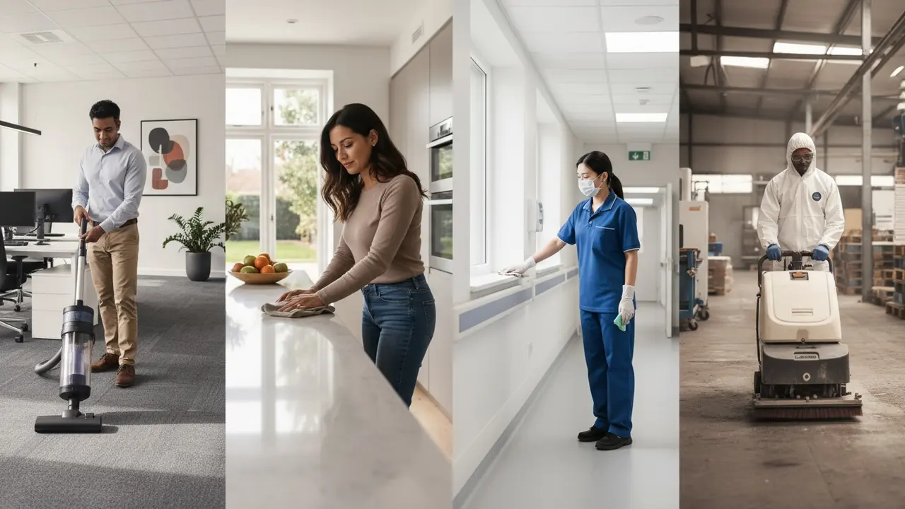 Fire side‑by‑side scener: privat rengøring, kontorrengøring, hospitalsrengøring og industrirengøring