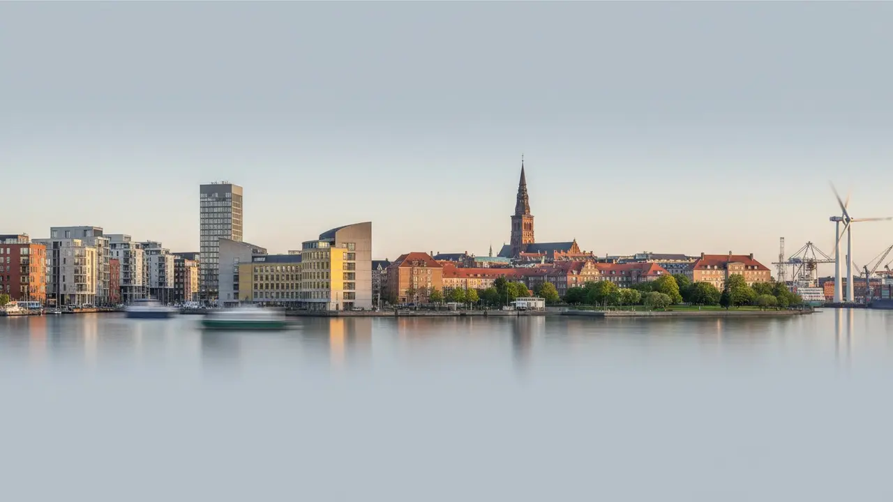 Panorama med skyline-elementer fra danske storbyer som København, Aarhus og Odense