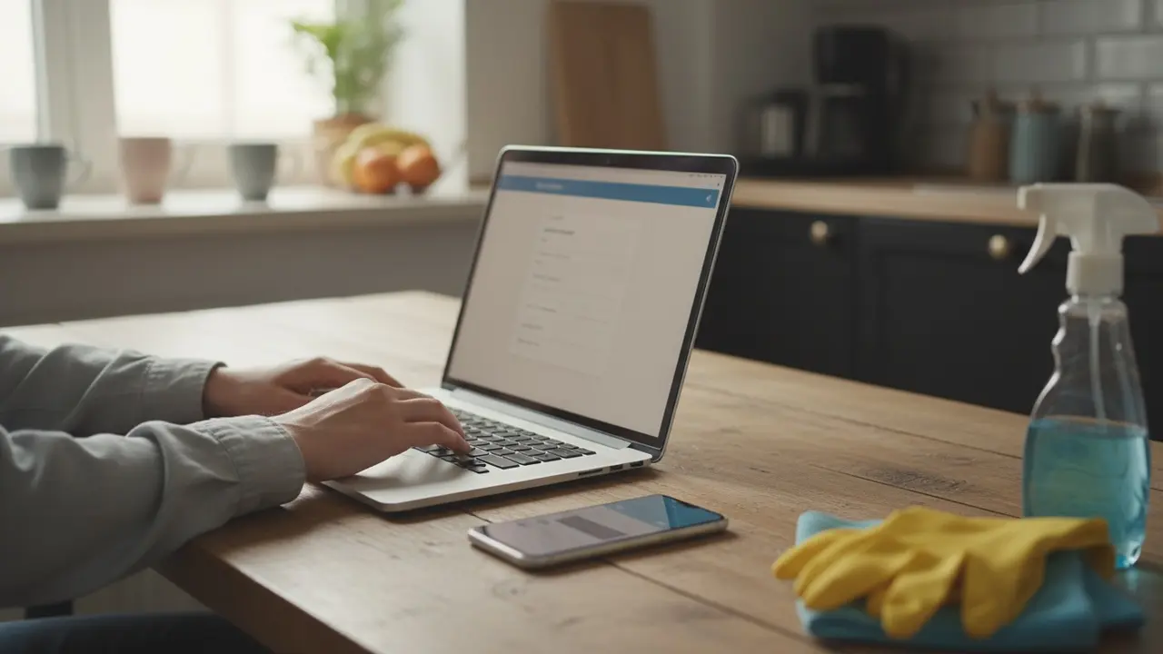 Nærbillede af person der opretter profil online med rengøringsudstyr ved siden af