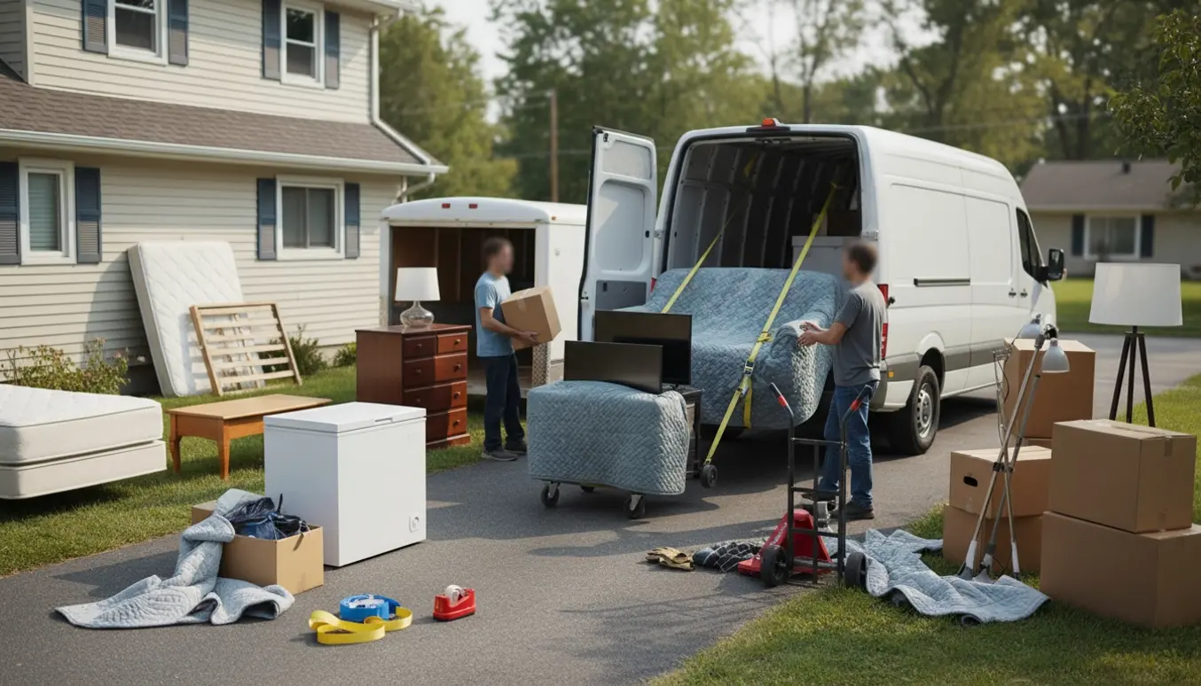 To personer læsser sofa, seng, frys og flyttekasser ind i en varevogn under en flytning, ansigter ikke synlige.
