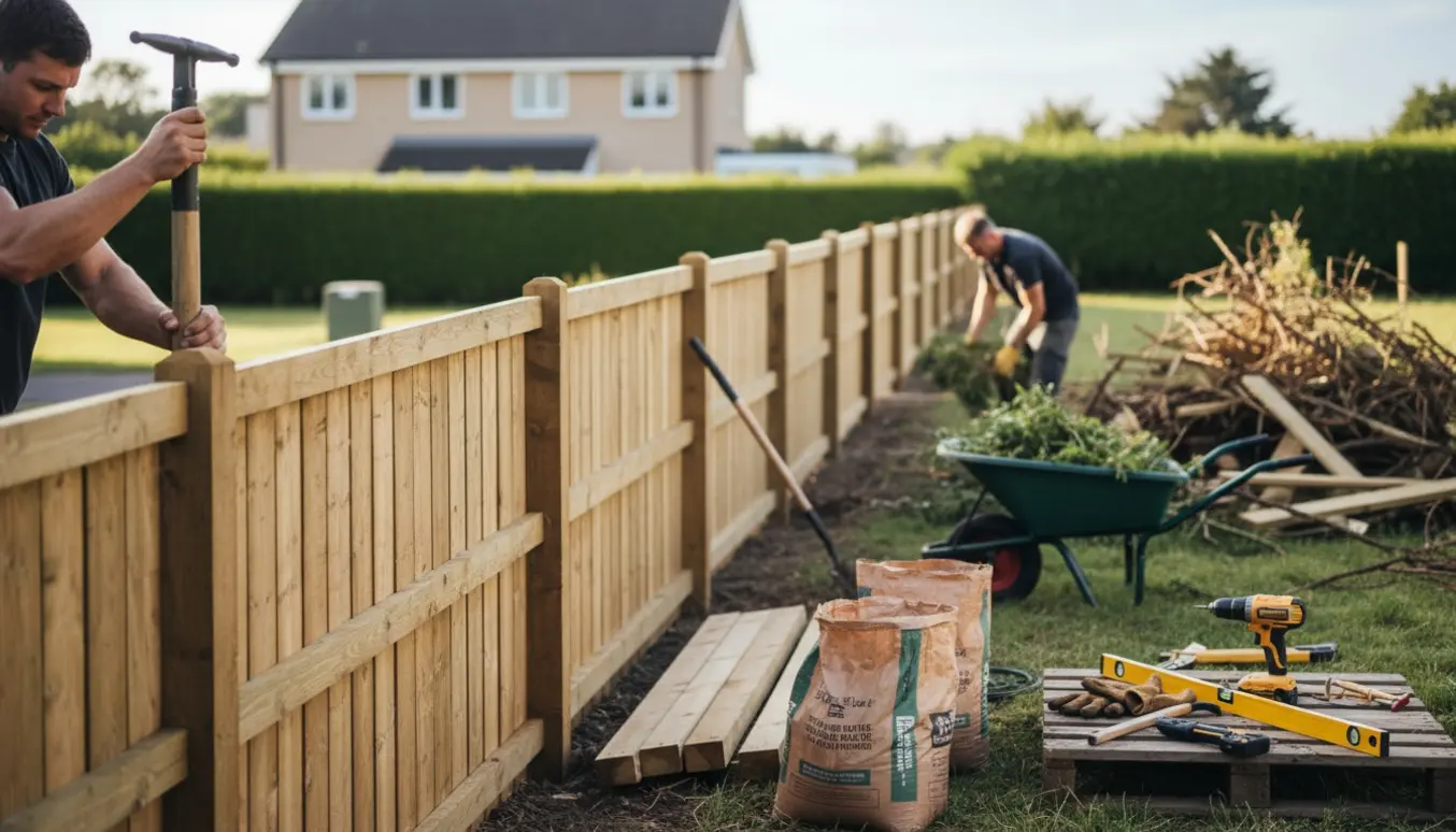 Ny, enkel træhegnsinstallation langs en stor grund med værktøj og haveaffald i forgrunden.