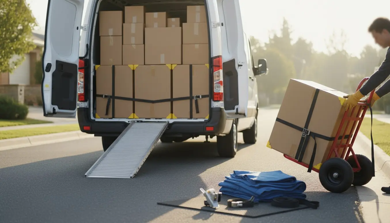 Åben varebil med stabler af små reolkasser og tre store forstærkede kasser, en håndvogn og flyttetæpper i blødt dagslys.
