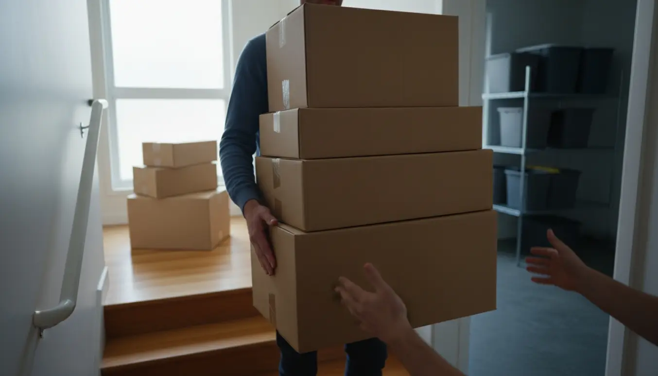 Person bærer seks flyttekasser ned ad en trappe mod en åben kælderopbevaring i blødt morgenlys.