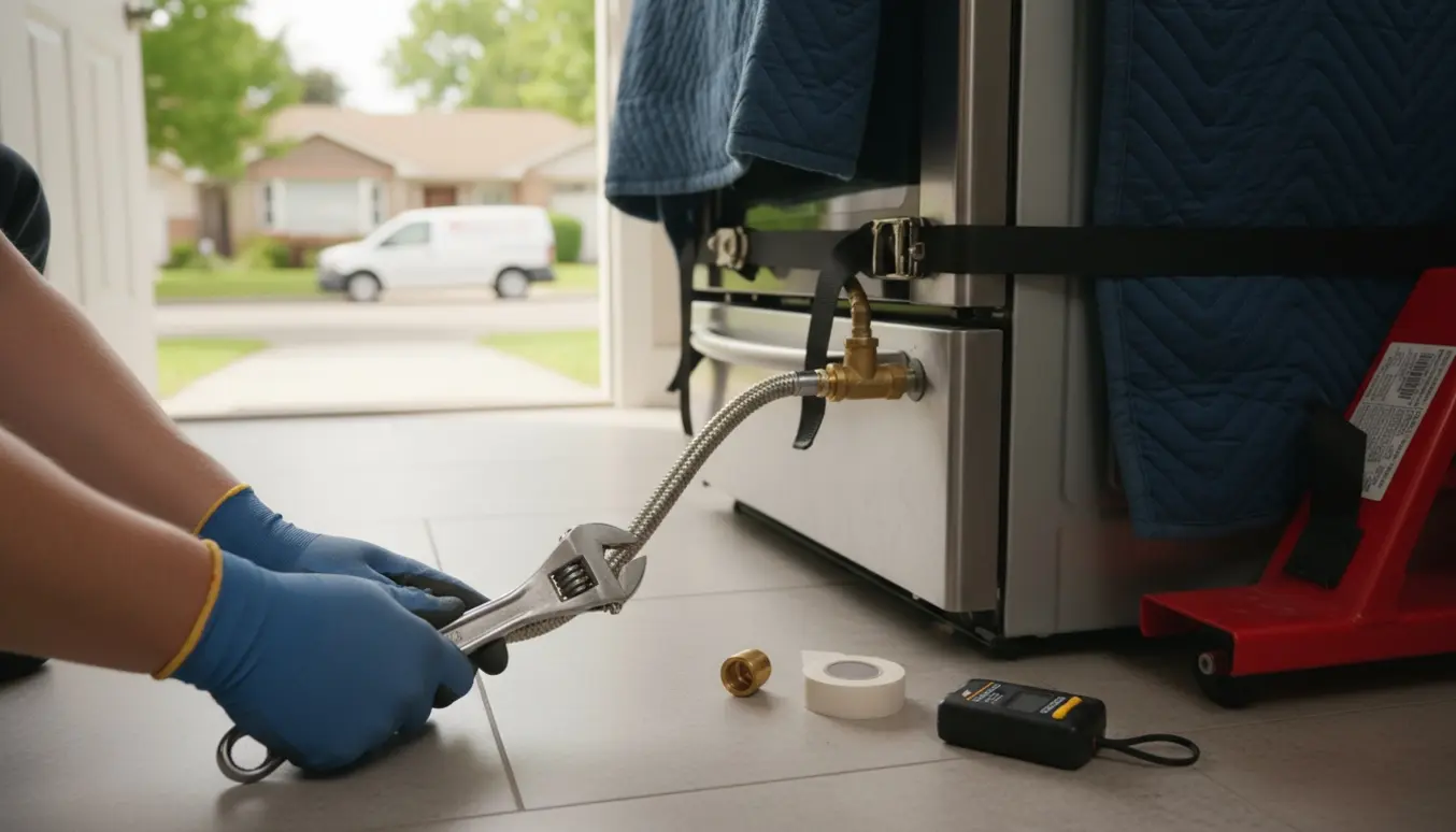 Et komfur er afmonteret, pakket på en handtruck og klar til flytning gennem en åben dør med flyttebil i baggrunden.