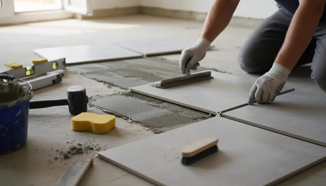 Udskiftning af store 60x60 fliser med hænder, fliseklæb, flisekryds og værktøj på gulvet.