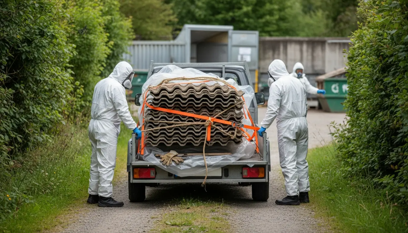 Trailer med stablede eternitplader i en kolonihave, arbejdere i beskyttelsesdragter og åndedrætsværn sikrer lasten.
