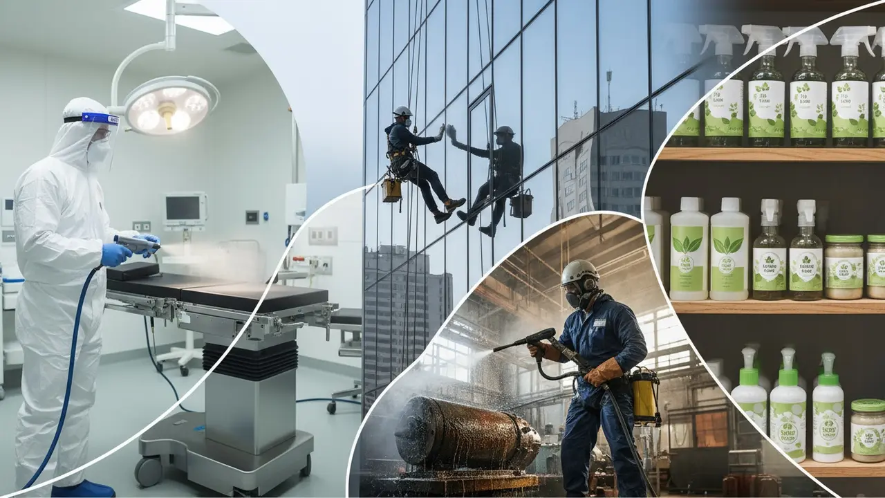 Montage af specialer: hospitalsrengøring, vinduespudsning, industrirengøring og miljøvenlige produkter