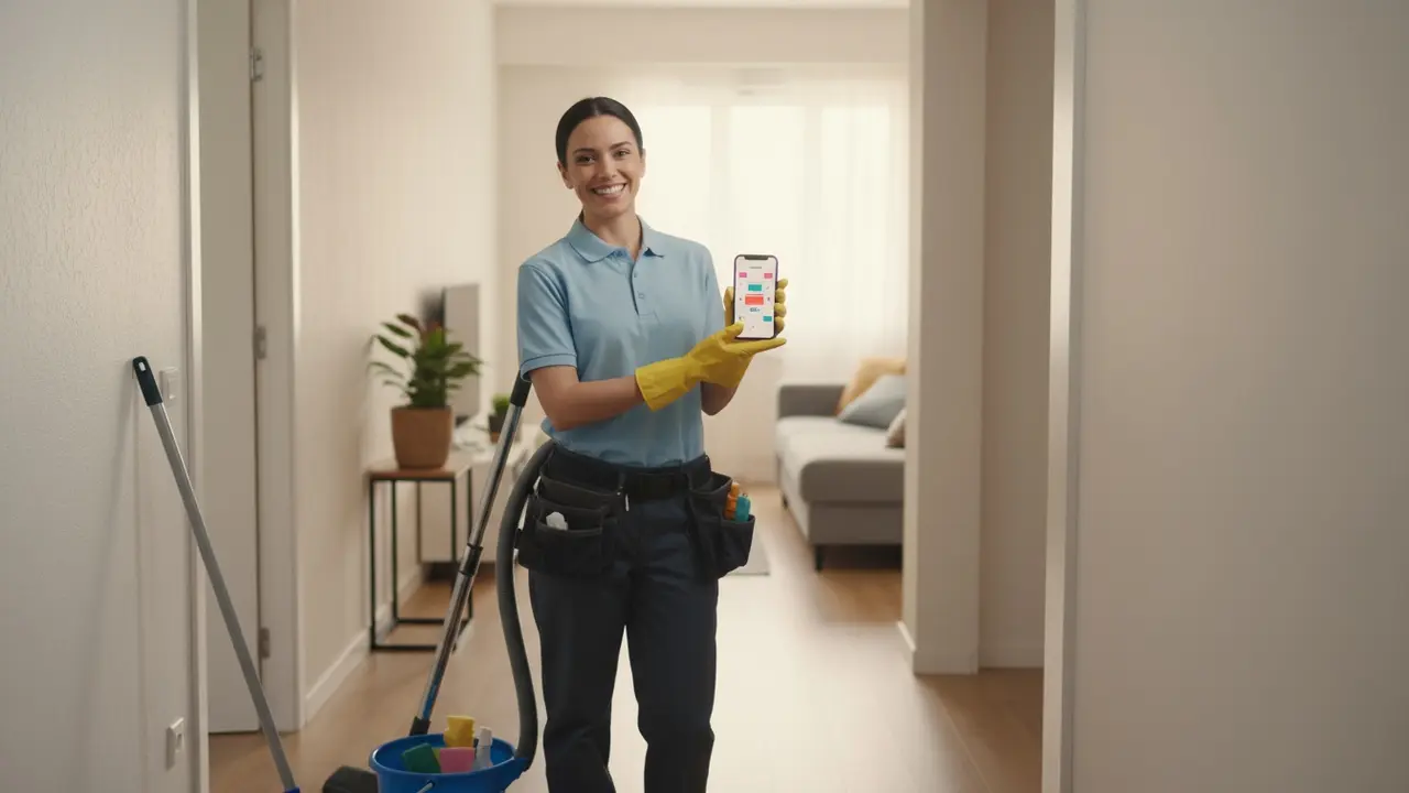 Rengøringsassistent med smartphone og udstyr, klar til at booke eller udføre job