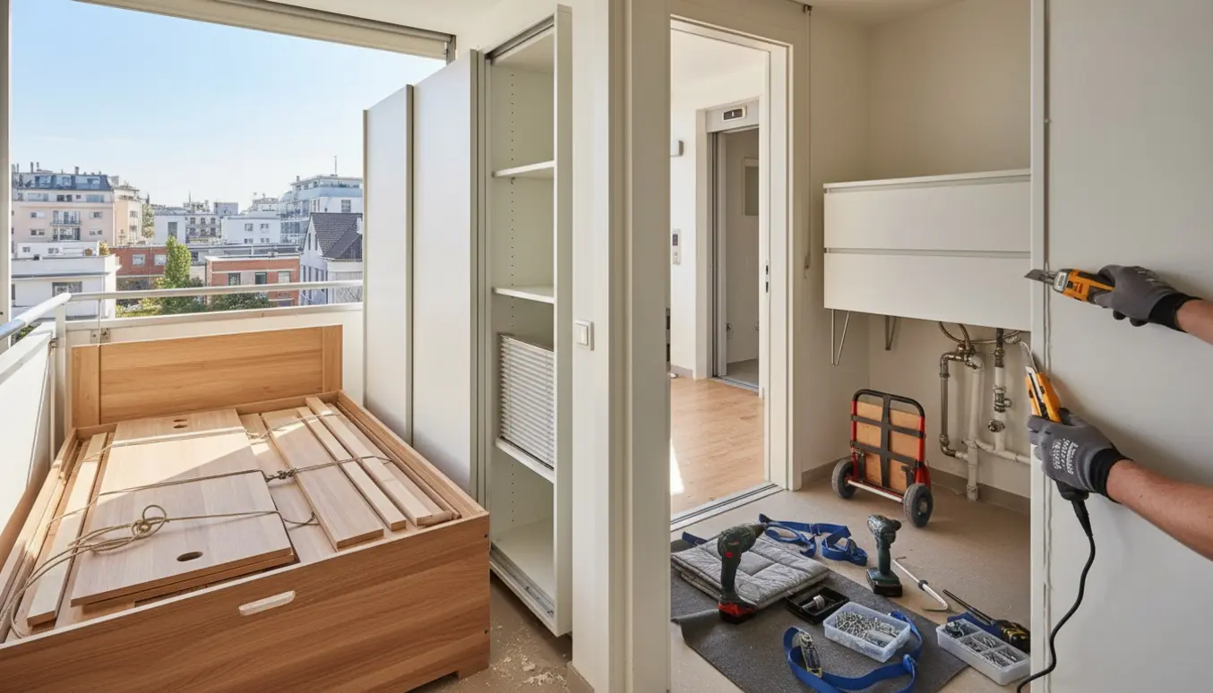 Delvist afmonterede skabe og daybed på en altan med værktøj og bundtede brædder klar til bortskaffelse.