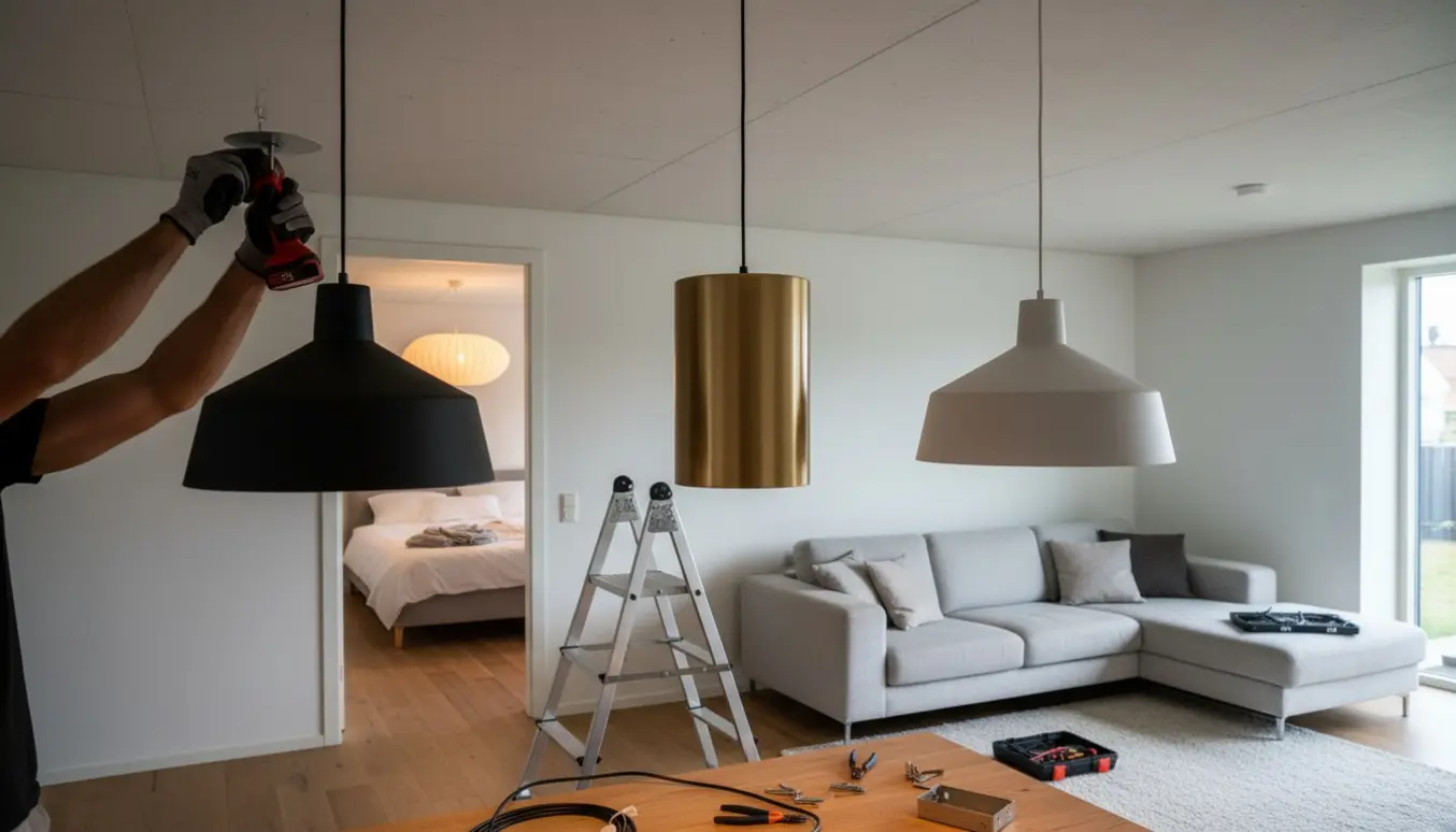 Elektriker monterer tre store pendellamper i stuen med en fjerde lampe tændt i soveværelset i baggrunden.
