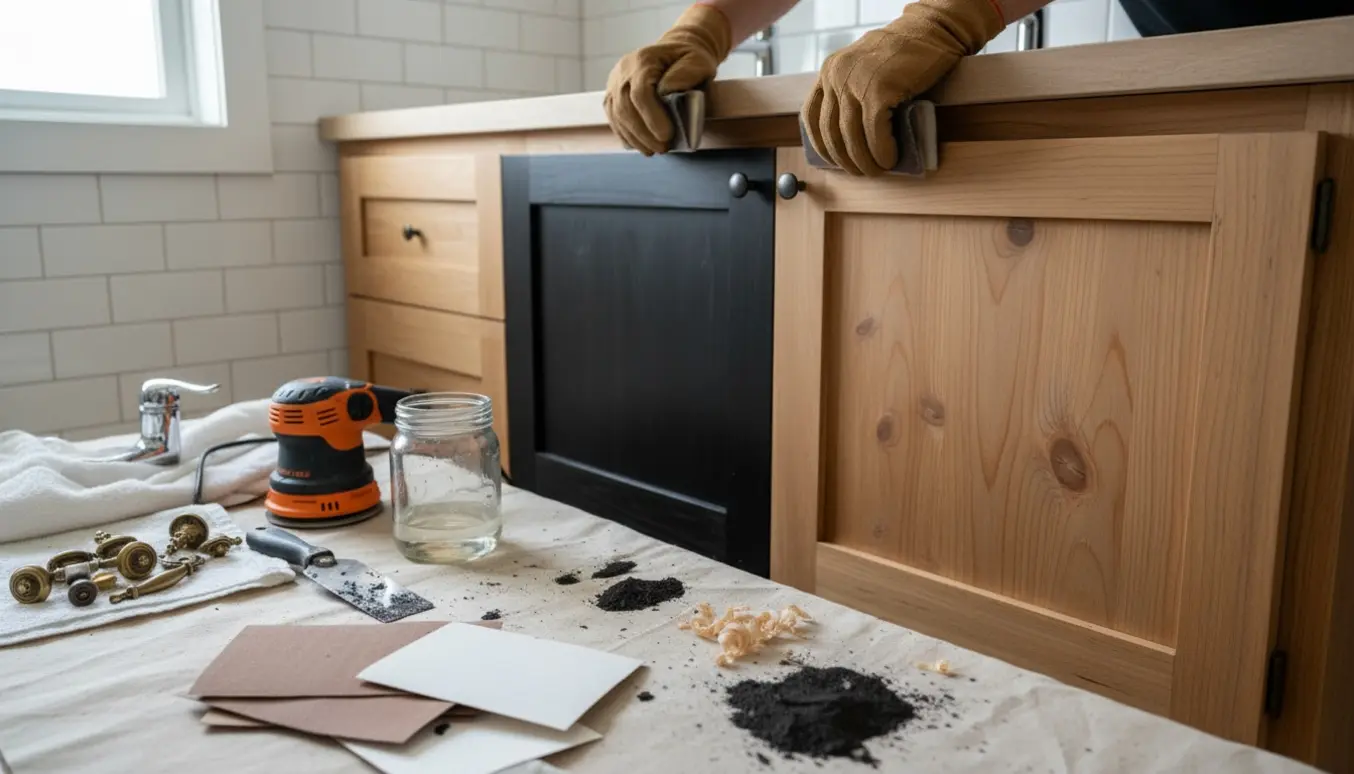 Nærbillede af et badeværelsesskab, hvor sort bejdse slibes væk og det varme fyrretræ træder frem.