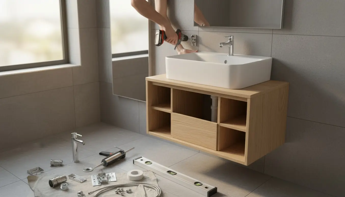 Montering af en hvid håndvask med værktøj og badeværelsesskab i et lyst flisebadeværelse.