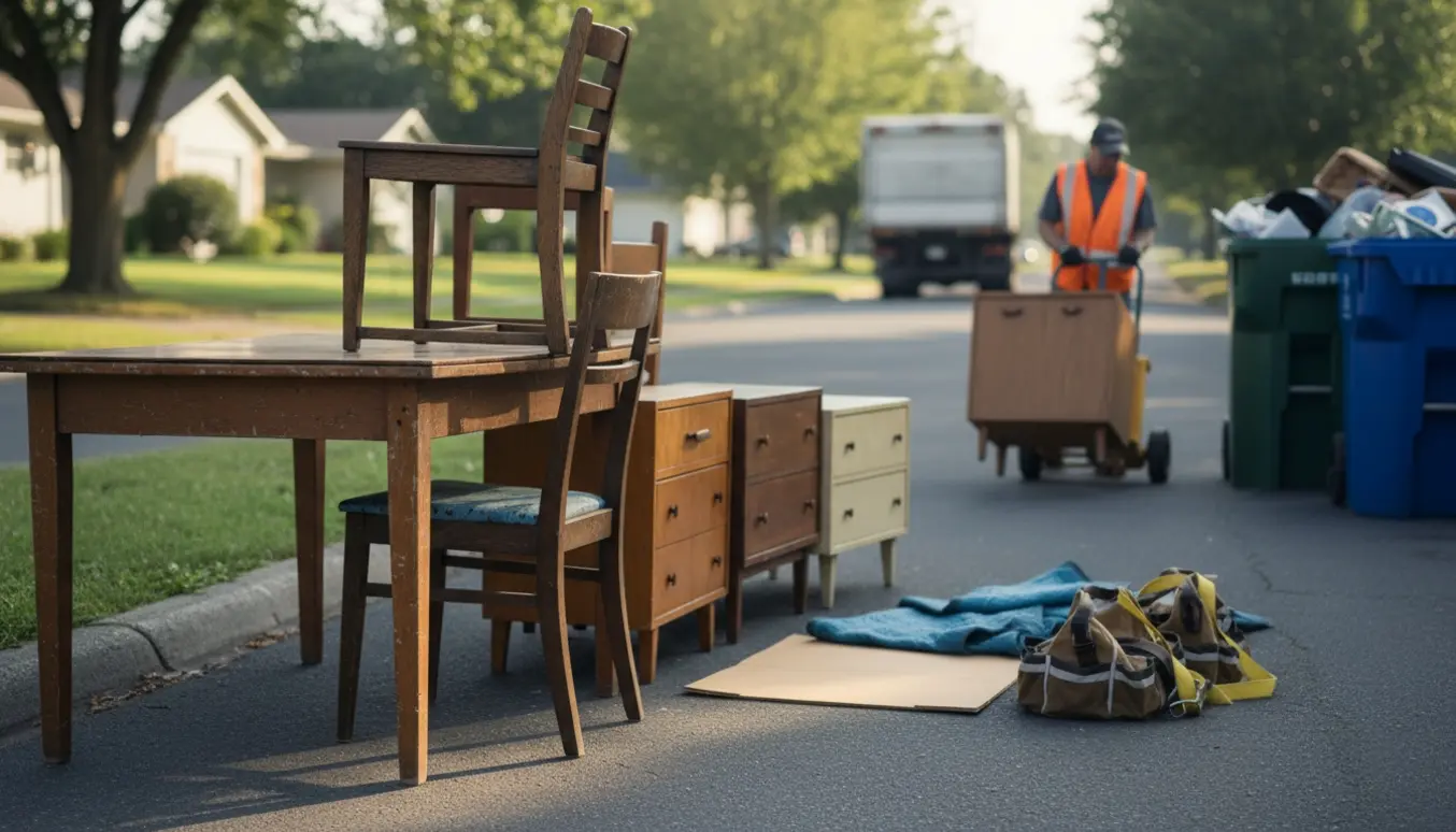 Gamle møbler (spisebord, tre stole og tre kommoder) stillet ud ved vejkanten til afhentning og affaldssortering.