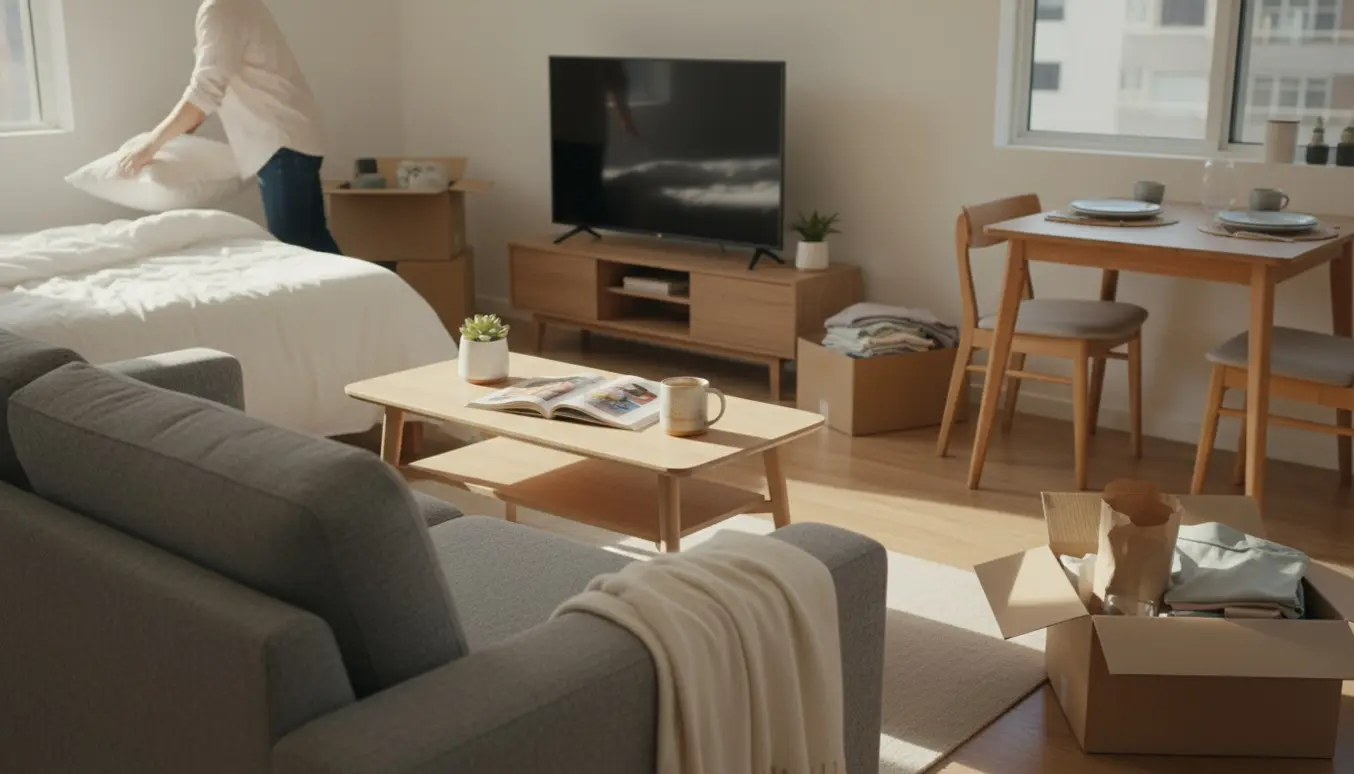 Stue og soveværelseshjørne med sofa, sofabord, TV-bord, seng og flyttekasser med tøj og køkkenting i varmt dagslys.