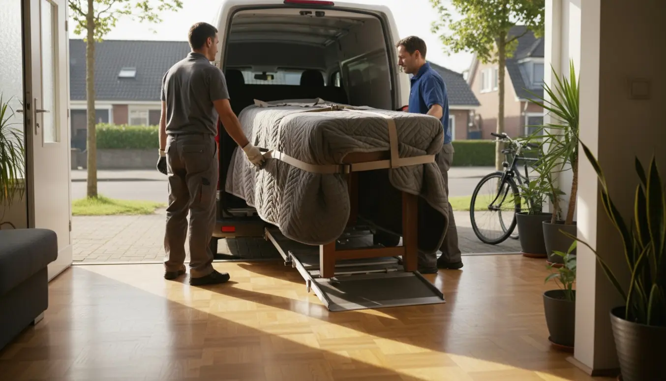 To flyttefolk læsser et tæppeindpakket spisebord ind i en flyttevogn foran en lys stue.