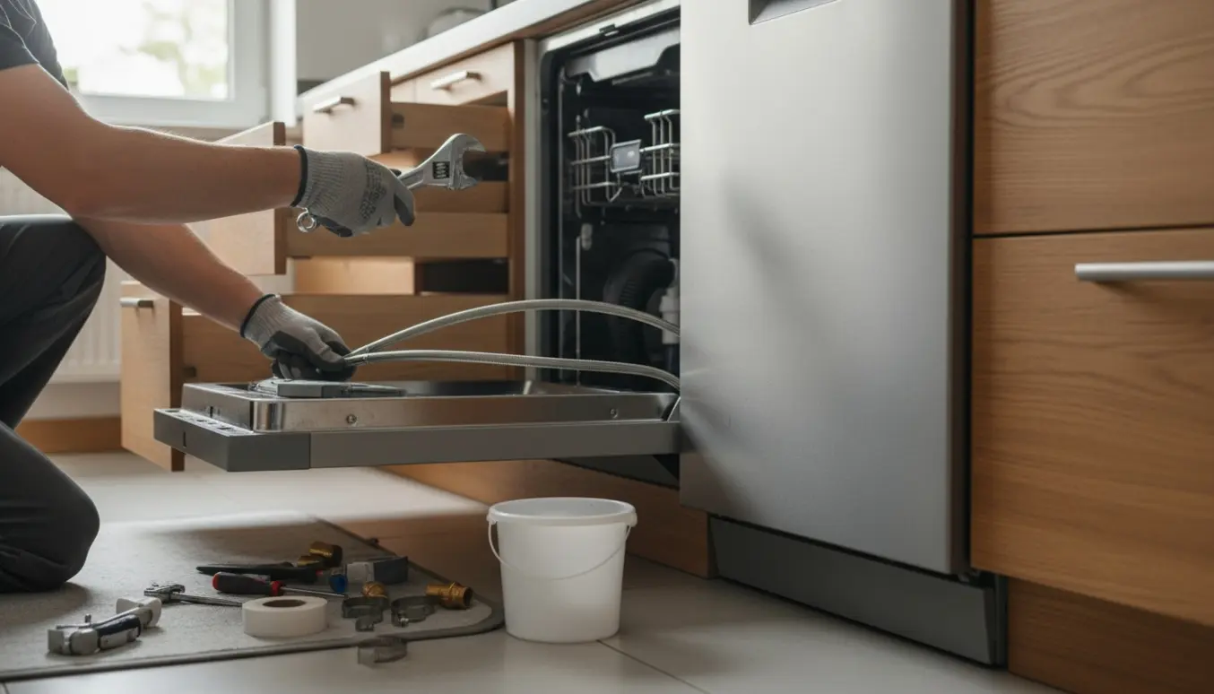En blikkenslager tilslutter en ny indbygget opvaskemaskine under køkkenbordet med slanger og værktøj.