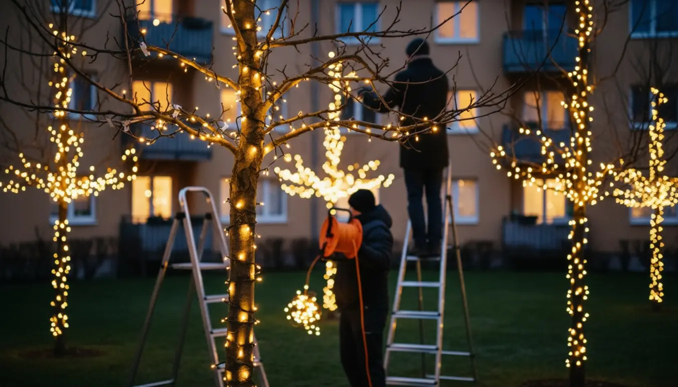 Hænger julelys i små træer i en boligforenings gård ved skumring med stiger og lyskæder.