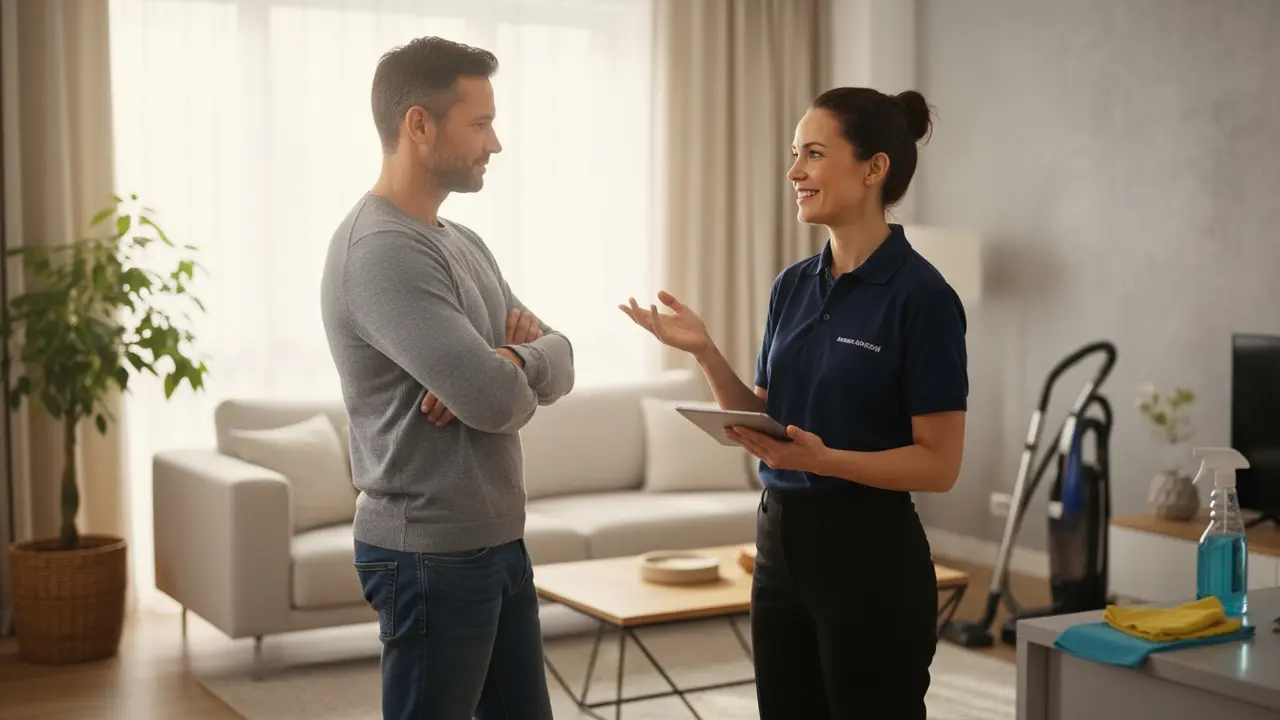 Rengøringsmedarbejder taler venligt med kunde i stue, begge smilende og engagerede.