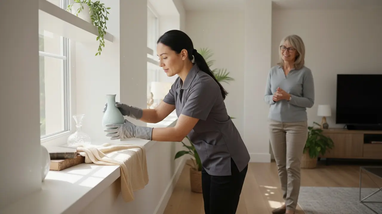 Rengøringsmedarbejder håndterer en skrøbelig vase forsigtigt med handsker og beskyttelsesklud.