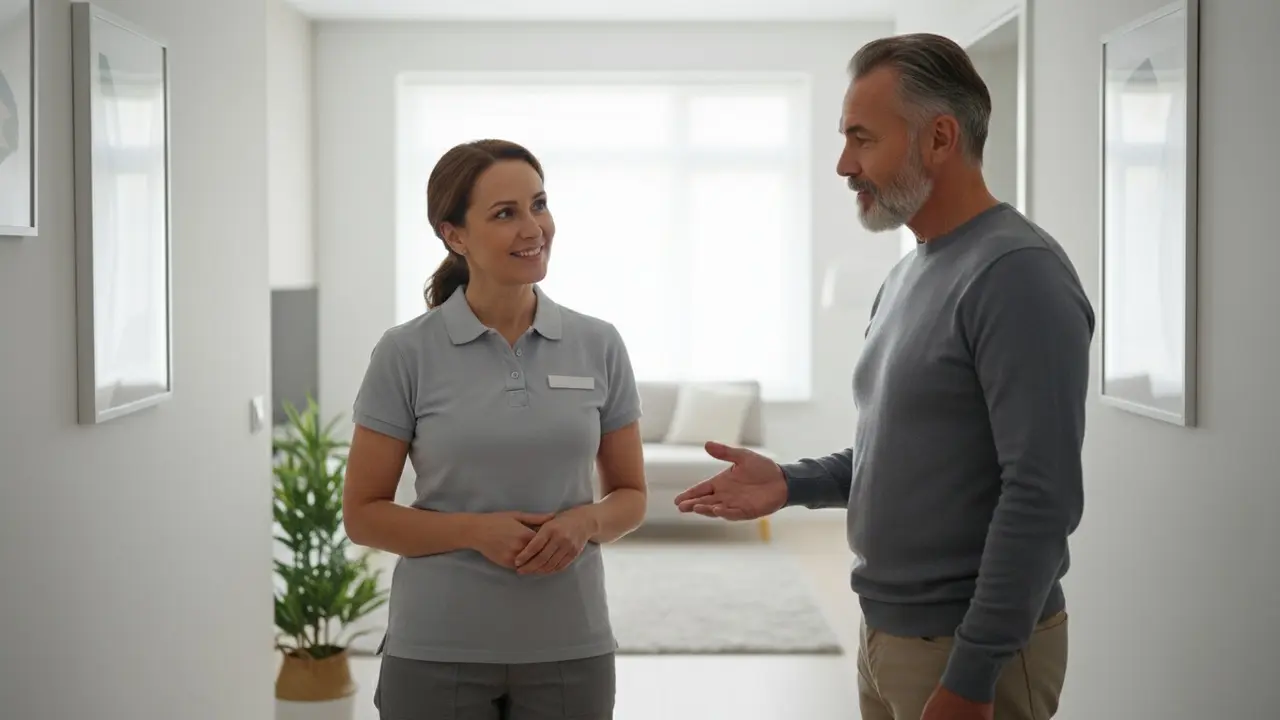 Rengøringsmedarbejder opretholder øjenkontakt og smiler mens kunden lytter.