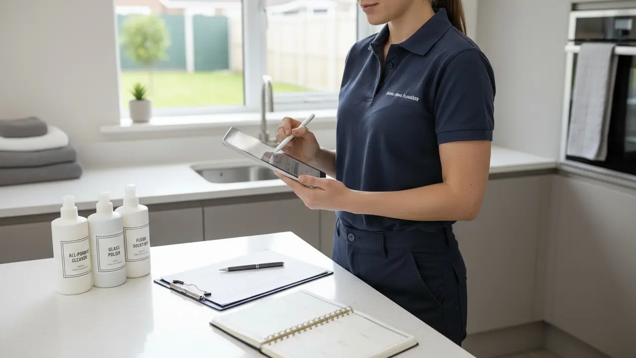 Rengøringsmedarbejder udfylder logbog/checkliste efter rengøring, organiseret arbejdsområde.