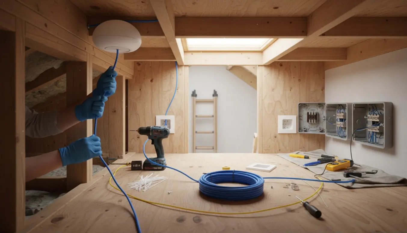 Et adgangspunktskabel trækkes op i loftet ved et monteret access point, med værktøj og tre åbne udendørskontakter i baggrunden.