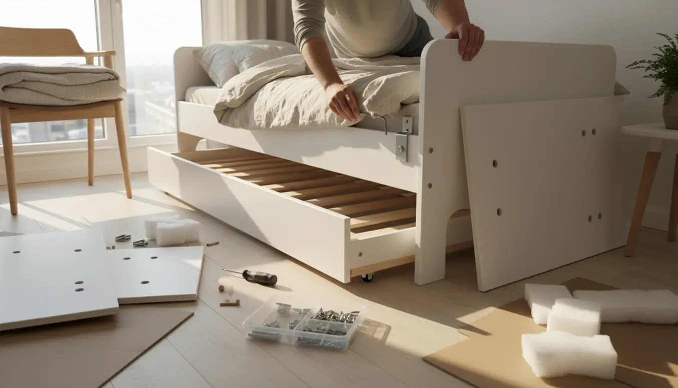 Hænder samler en hvid enkeltseng med udtræk i et lyst, ryddeligt soveværelse med værktøj og dele omkring.