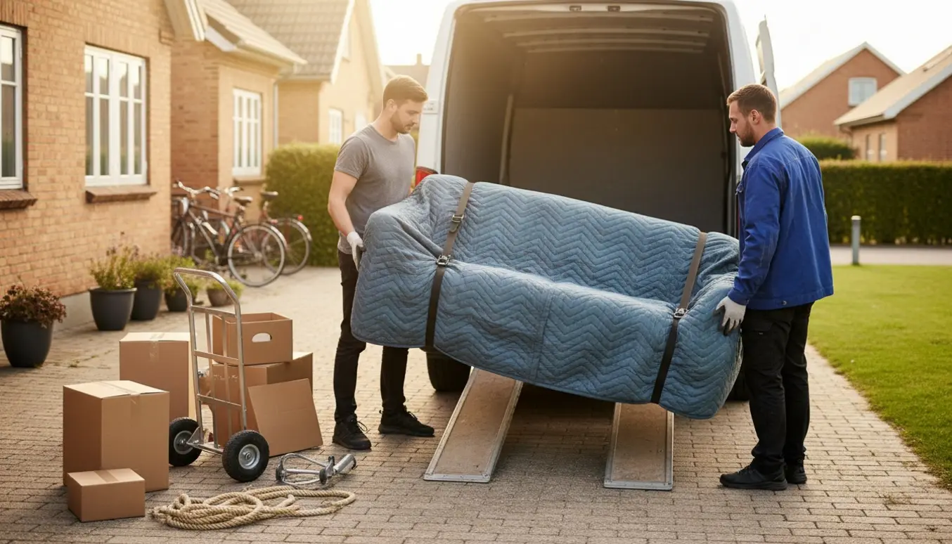 To personer løfter en lang sofa ind i en flyttebil med flyttetæpper og dolly i en lys dansk forstad.