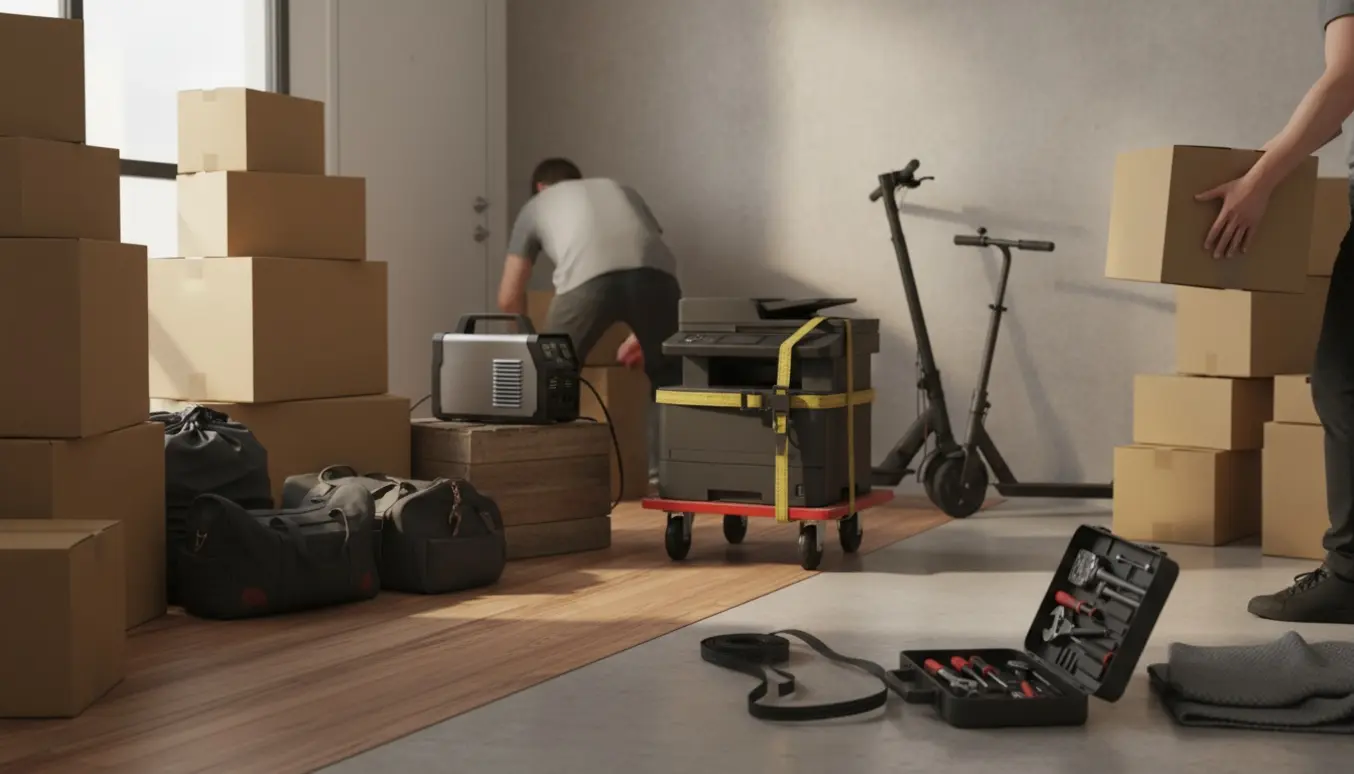 Flytning i en lys opgang med flyttekasser, tøjposer, en lille svejser, stor printer, elektrisk løbehjul og en trehjulet scooter.