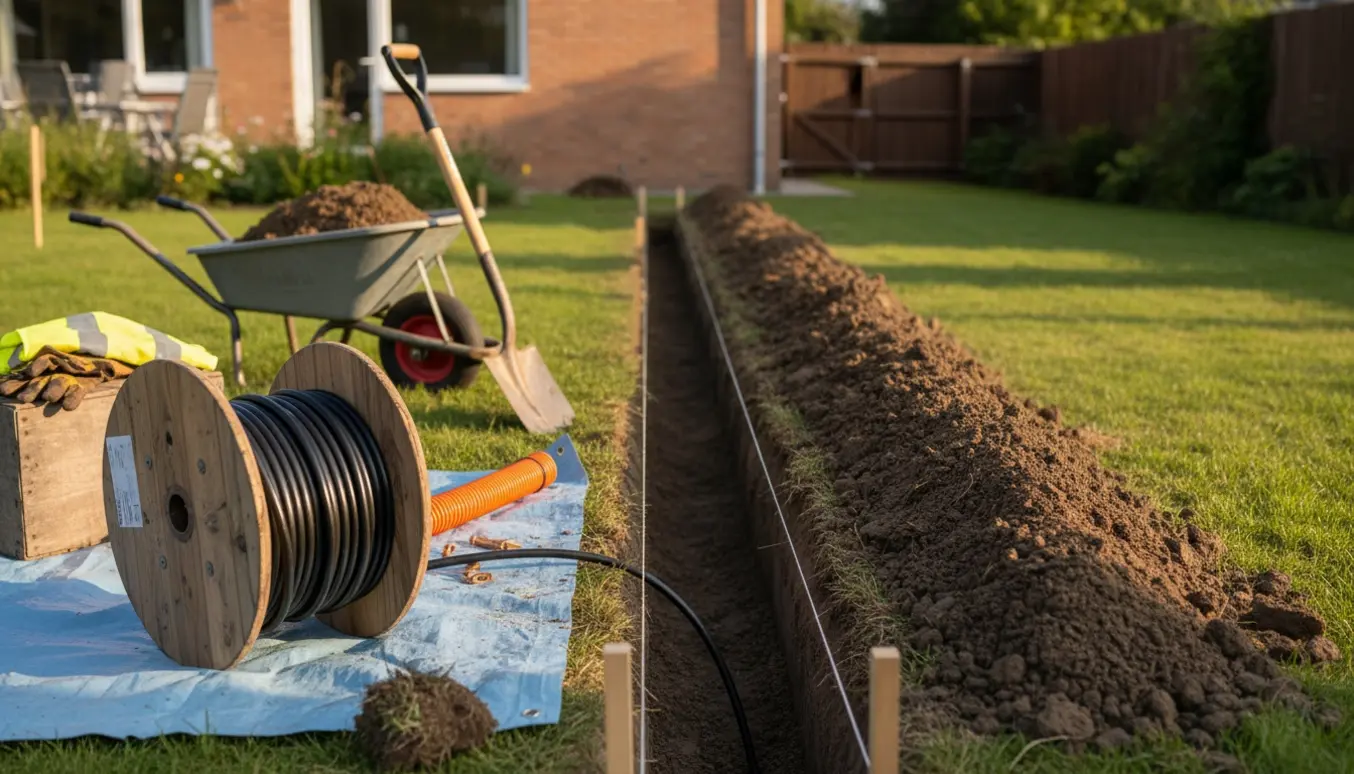 Frisk gravet smal rende i en have med elkabelrulle og værktøj klar til nedlægning.