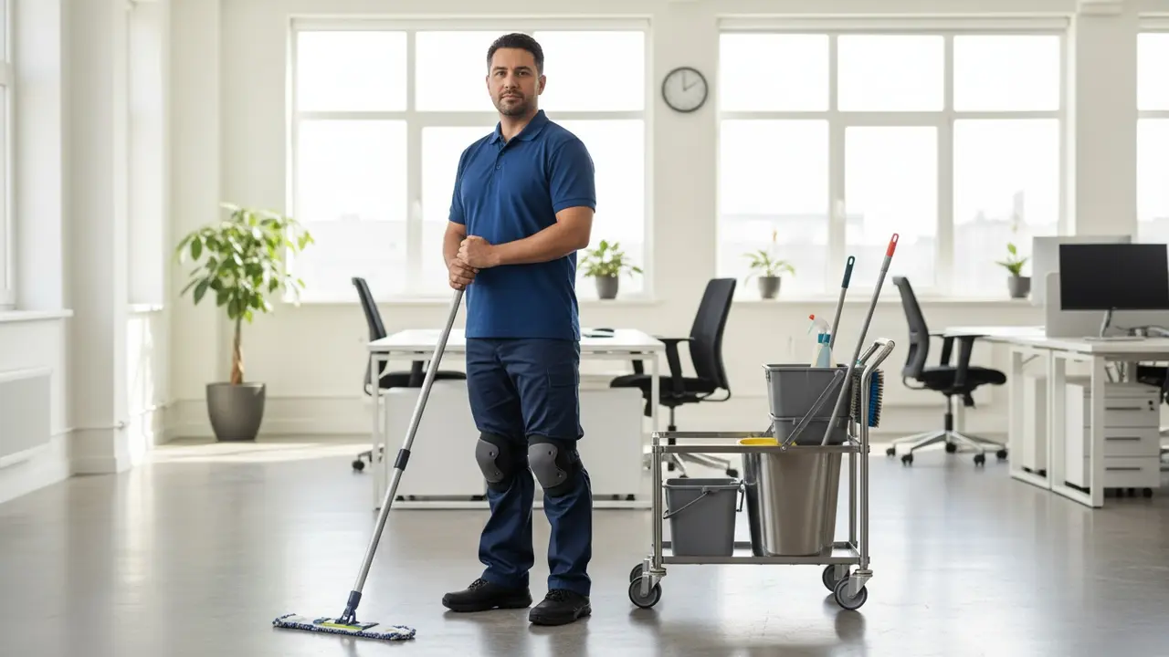 Rengøringsperson i oprejst, ergonomisk arbejdsstilling med ordentligt udstyr