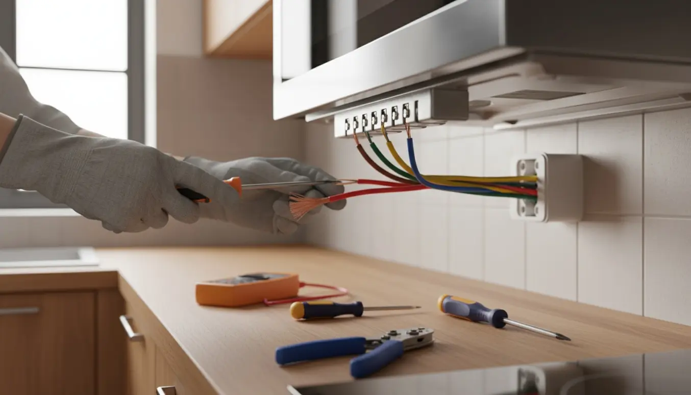 Elektriker forbinder ledninger til en ny kogeplade under et køkkenbord.