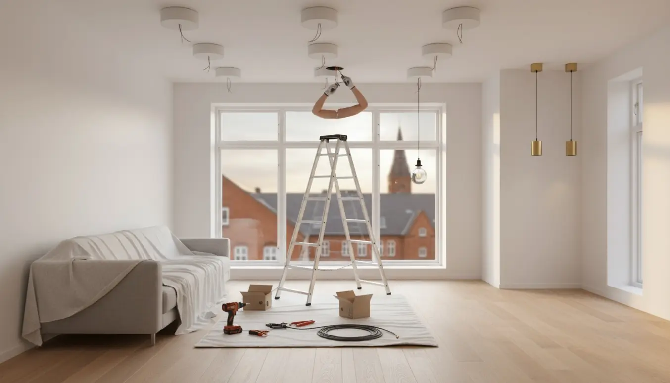 Installatør monterer 11 loftlamper i en lys, skandinavisk lejlighed i Vejle.