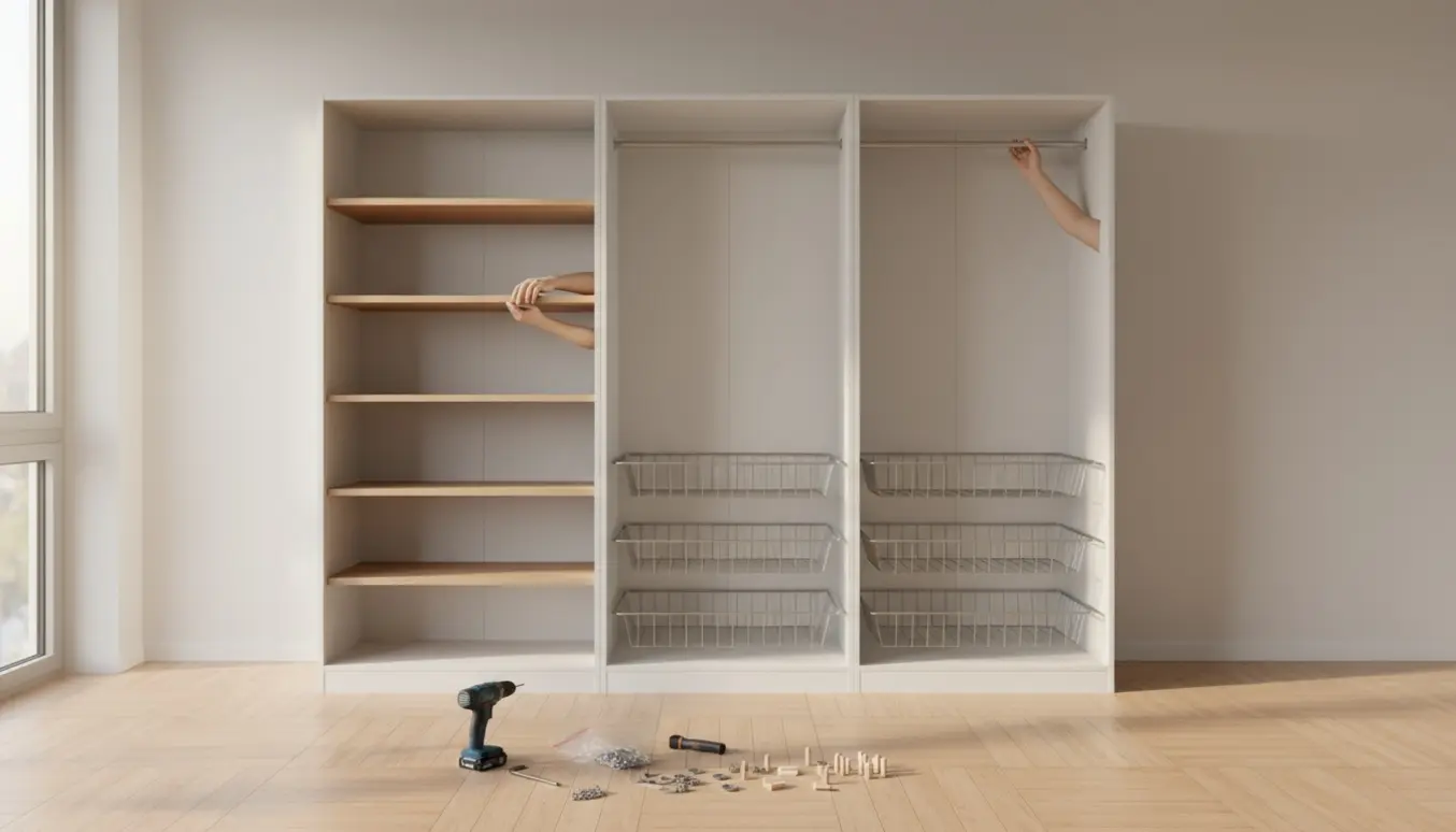 Delvist samlet hvidt garderobeskab med hylder i den ene side og kurve samt tøjstang i den anden, med værktøj på gulvet.