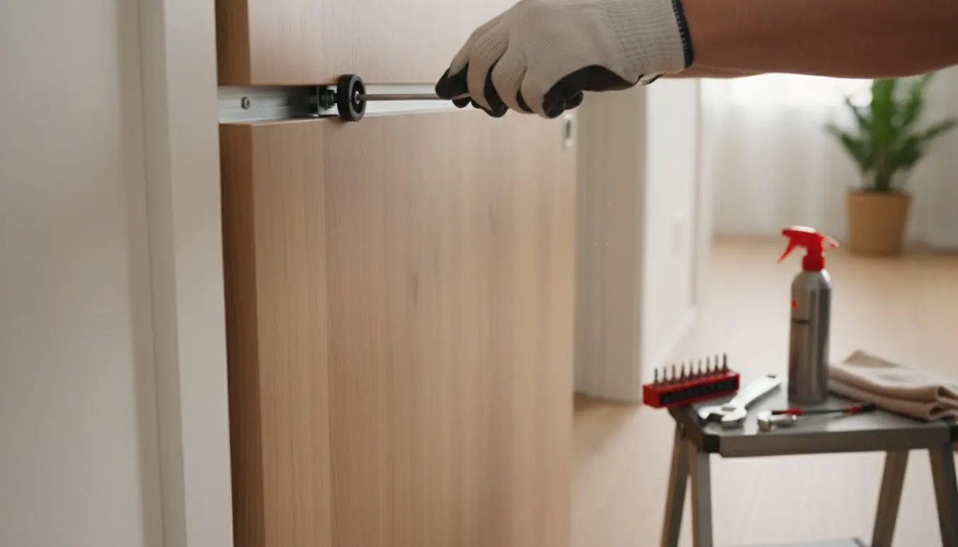 Hænder justerer toprullen på en hængende indendørs skydedør med værktøj ved siden af.