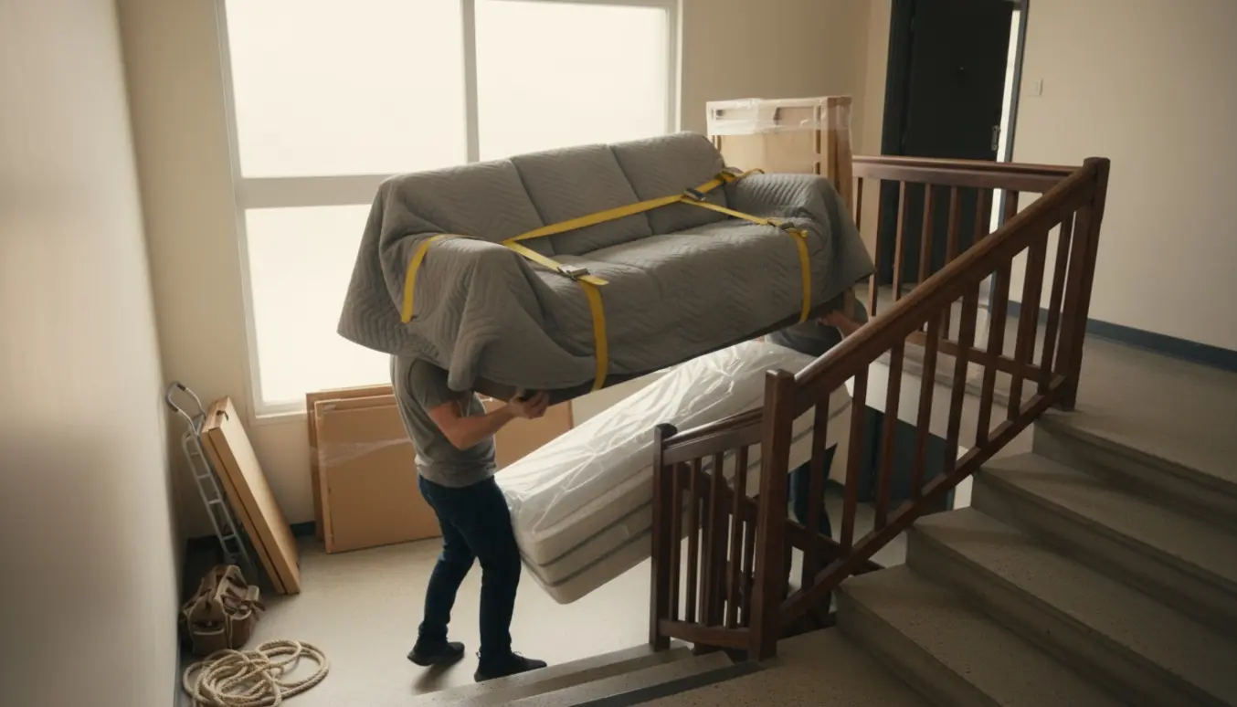 To personer bærer en dobbeltseng og en sofa op ad en opgangstrappe, dækket af flyttetæpper og stropper.